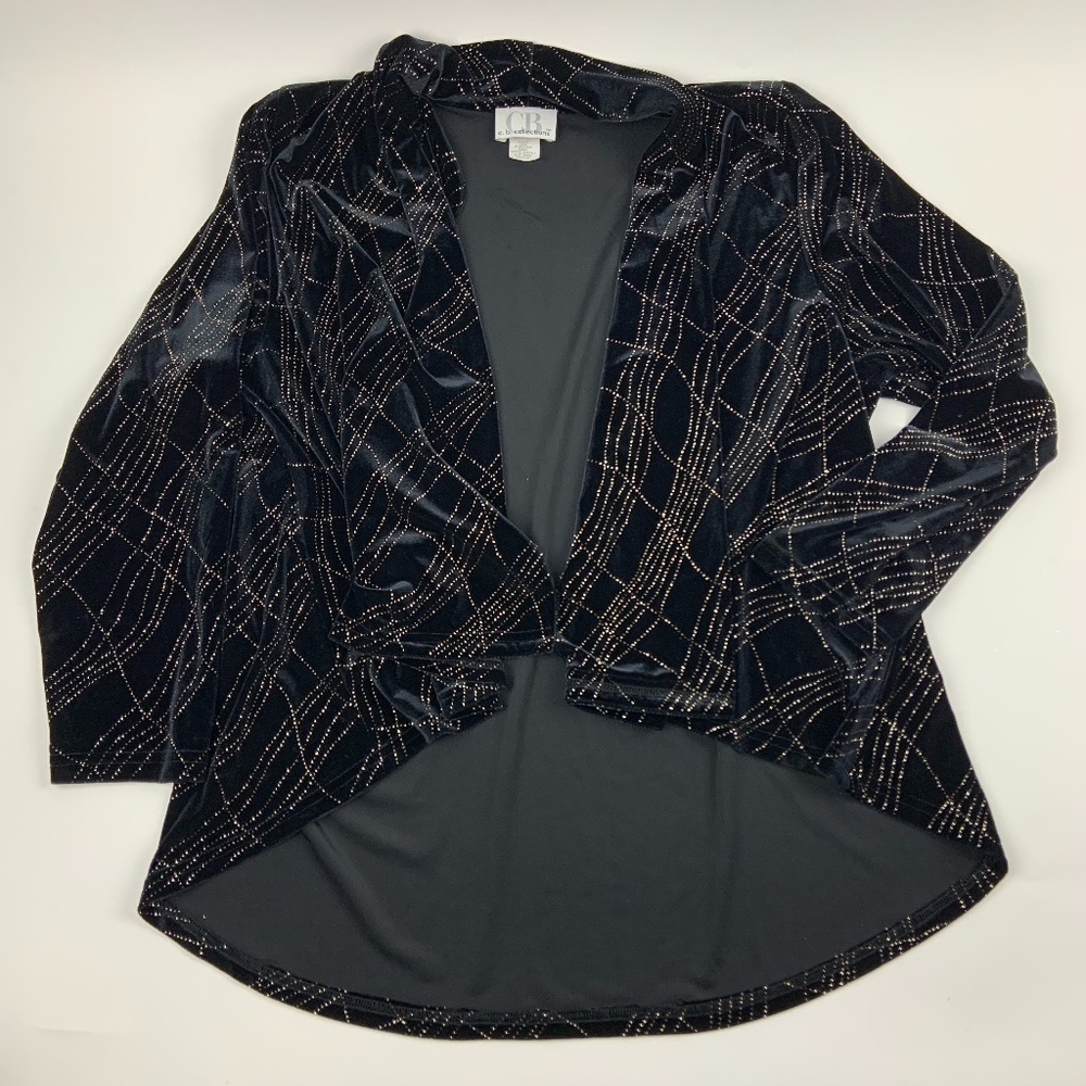 CB Collections Cardigan Womens Medium Collared Long Sleeve Black Gold Shimmer